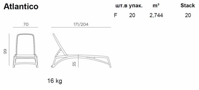 Шезлонг-лежак пластиковый Atlantico тортора 1720-2040х700х350 мм