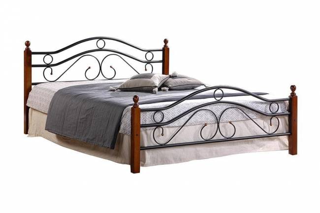 Кровать AT-803 дерево гевея/металл, 160*200 см (Queen bed), красный дуб/черный дуб темный
