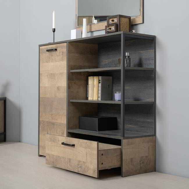 Комод с дверкой и ящиком с ТВ-тумбой для гостиной Трувор и открытый стеллаж с полками цвет дуб гранж песочный/интра Комод с дверкой и ящиком с ТВ-тумбой для гостиной Трувор и открытый стеллаж с полками цвет дуб гранж песочный/интра