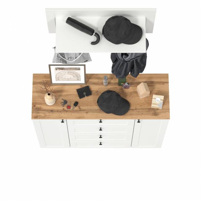 Комод четыре ящика и две дверки и вешалка для одежды Остин цвет белый шагрень/дуб крафт золотой