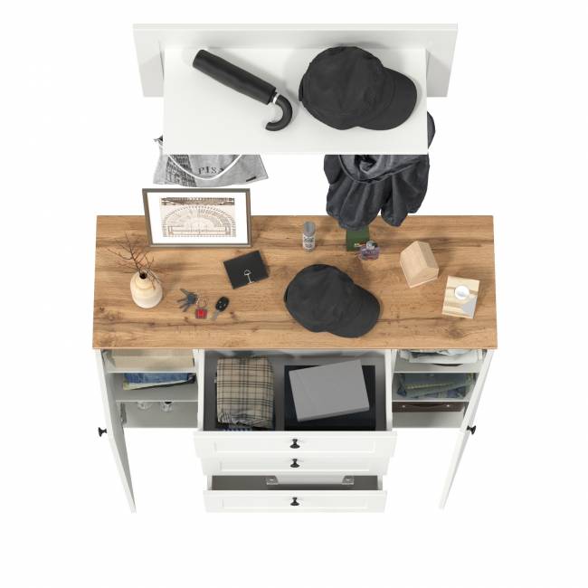 Комод четыре ящика и две дверки и вешалка для одежды Остин цвет белый шагрень/дуб крафт золотой