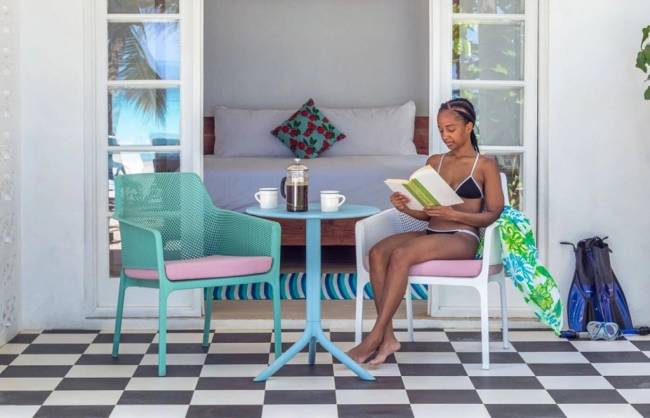 Стол пластиковый обеденный Spritz + Spritz Mini голубой Ø605х400-765 мм