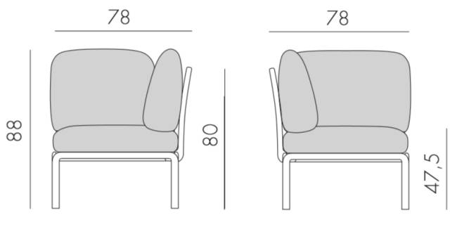 Модуль угловой пластиковый с подушками Komodo Elemento Angolo тортора, холст 720х780х880 мм