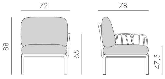 Модуль правый/левый пластиковый с подушками Komodo Elemento Terminale DS/SX тортора, холст 720х780х880 мм Модуль правый/левый пластиковый с подушками Komodo Elemento Terminale DS/SX тортора, холст 720х780х880 мм