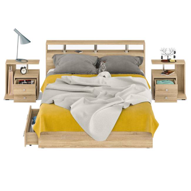 Кровать с ящиками 1600 Камелия + две тумбы цвет дуб сонома