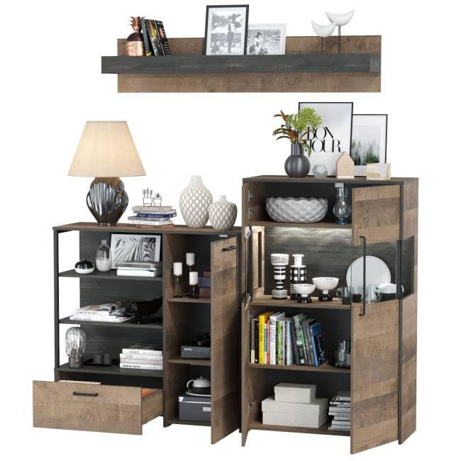 Комод с витриной с подсветкой и комод с дверкой и ящиком Трувор цвет дуб гранж песочный/интра